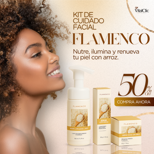 Kit De Cuidado Facial - Linea Flamenco Arroz (Limpiador + Sérum + Crema) 😍50% DE DESCUENTO😍